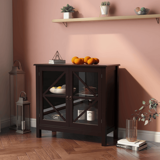 Rustic Kitchen Cabinet with Double Glass Doors - Multipurpose Storage Sideboard Buffet