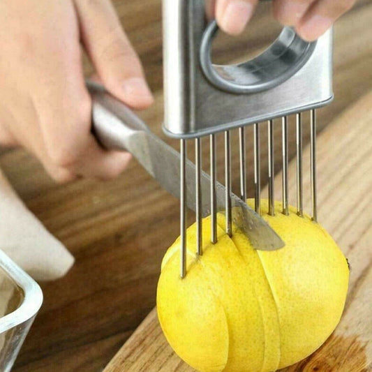 Onion Needle With Cutting Safe Aid Holder Easy Slicer Cutter Tomato Safe Fork Handheld Vegetable Knife Kitchen Onion Holder Slicer Vegetable Tools Tomato Cutter Stainless Steel Kitchen Gadget Steel