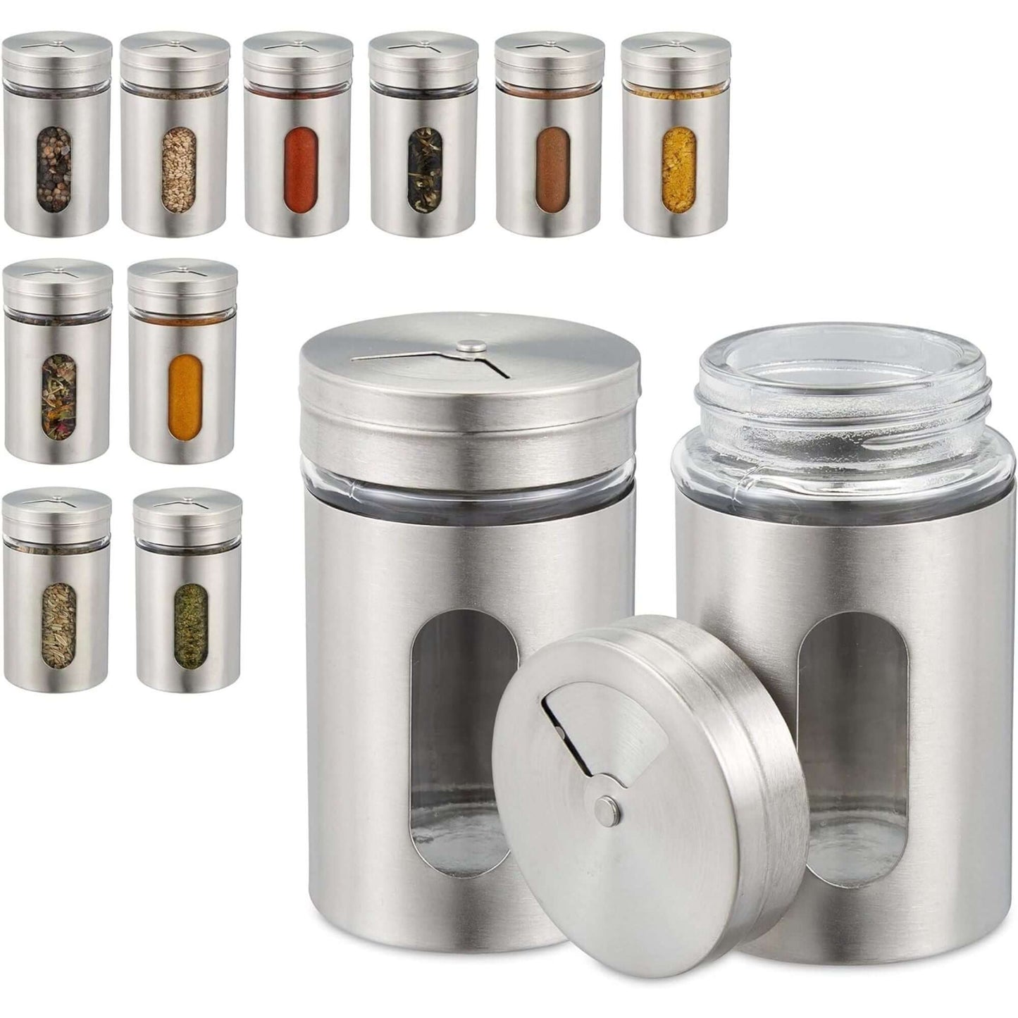 12pc Stainless Steel & Glass Spice Shakers - Premium Kitchen Essentials for Salt, Pepper & MSG, Modern Design for Indoor BBQs & Picnics, Durable Utensils for Organized Cooking